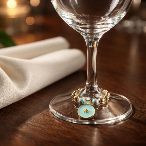 Turquoise evil eye charm on wine glass close-up gold hoop