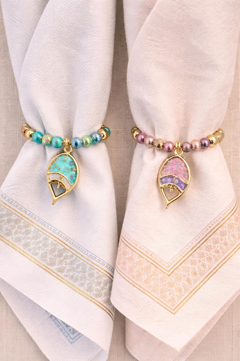 Turquoise fish napkin rings with taupe and turquoise beads set of 6