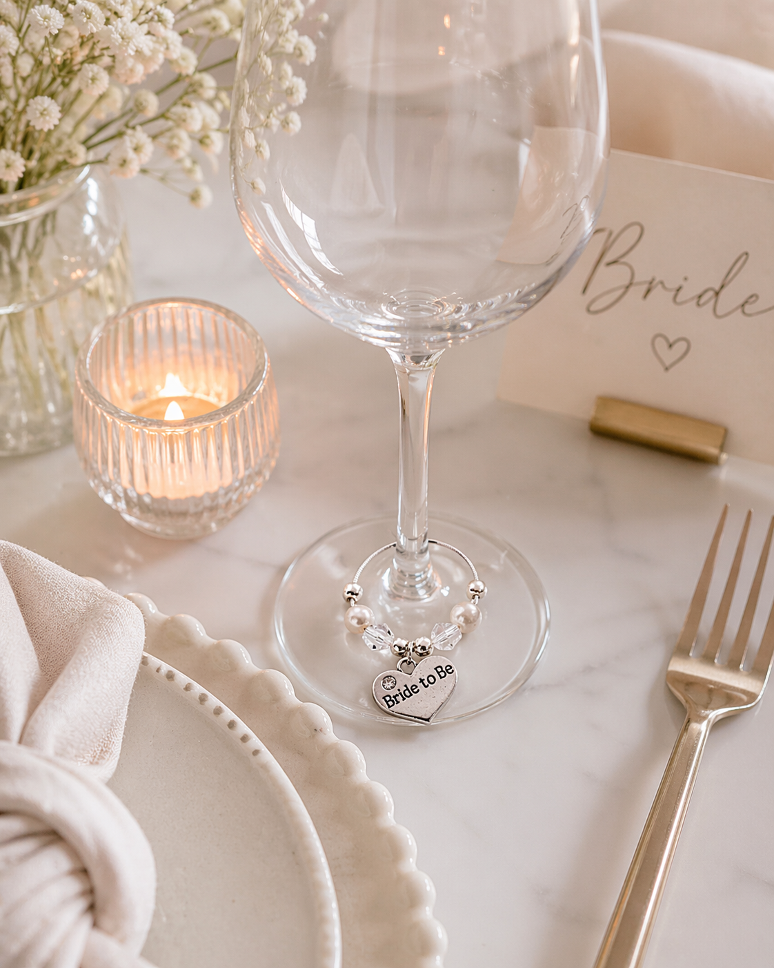 Wedding bells wine glass charms set of 6 styled on elegant table with candles and soft neutral tones