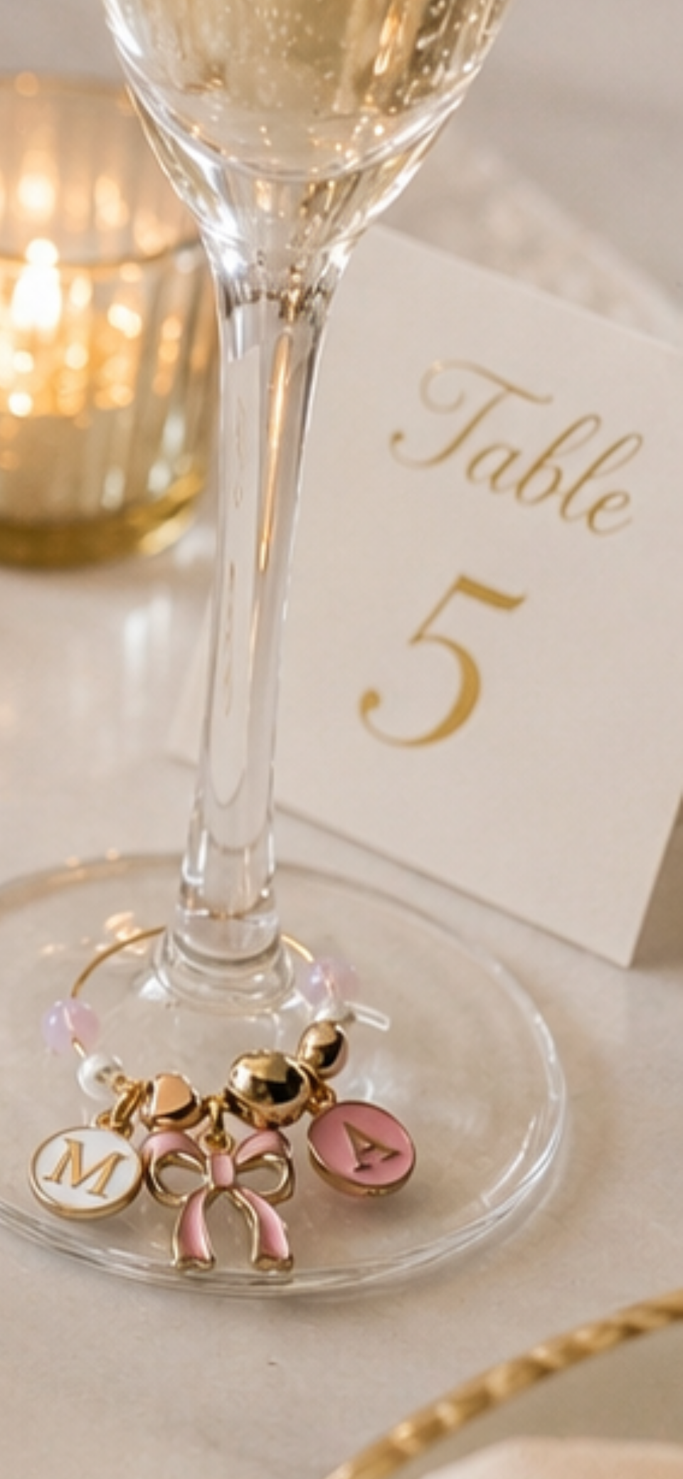 Decorative wine glass wedding charm with initials,  bow,  perfect for wedding decor