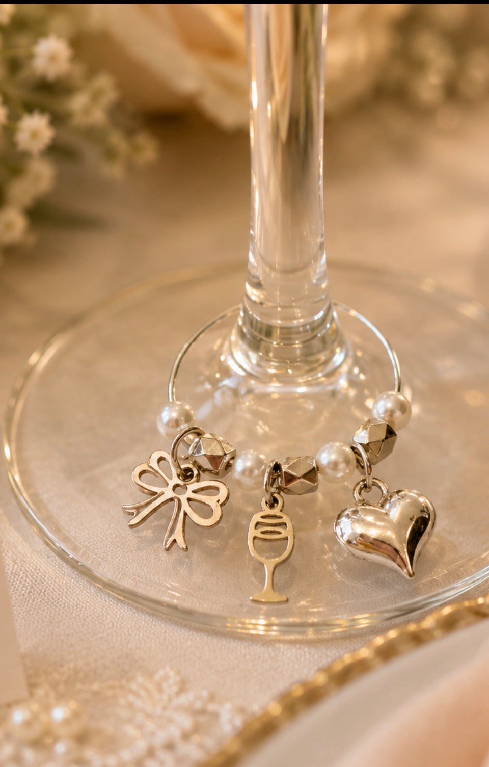 Decorative wine glass wedding charm with heart, bow, and wine glass shapes  perfect for wedding decor