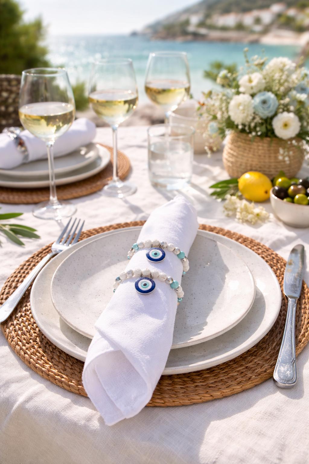 White napkin rings with blue evil eye hamsa charms set of 6