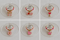 Collage of six handcrafted pink and gold wine glass charms displayed on clear wine glass stems against a white fabric background. Designs include a bow, LOVE charm, wine glass, heart medallion, pink heart, and crown, arranged in a clean six-panel grid.