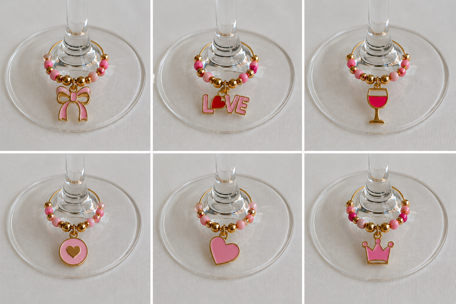 Collage of six handcrafted pink and gold wine glass charms displayed on clear wine glass stems against a white fabric background. Designs include a bow, LOVE charm, wine glass, heart medallion, pink heart, and crown, arranged in a clean six-panel grid.