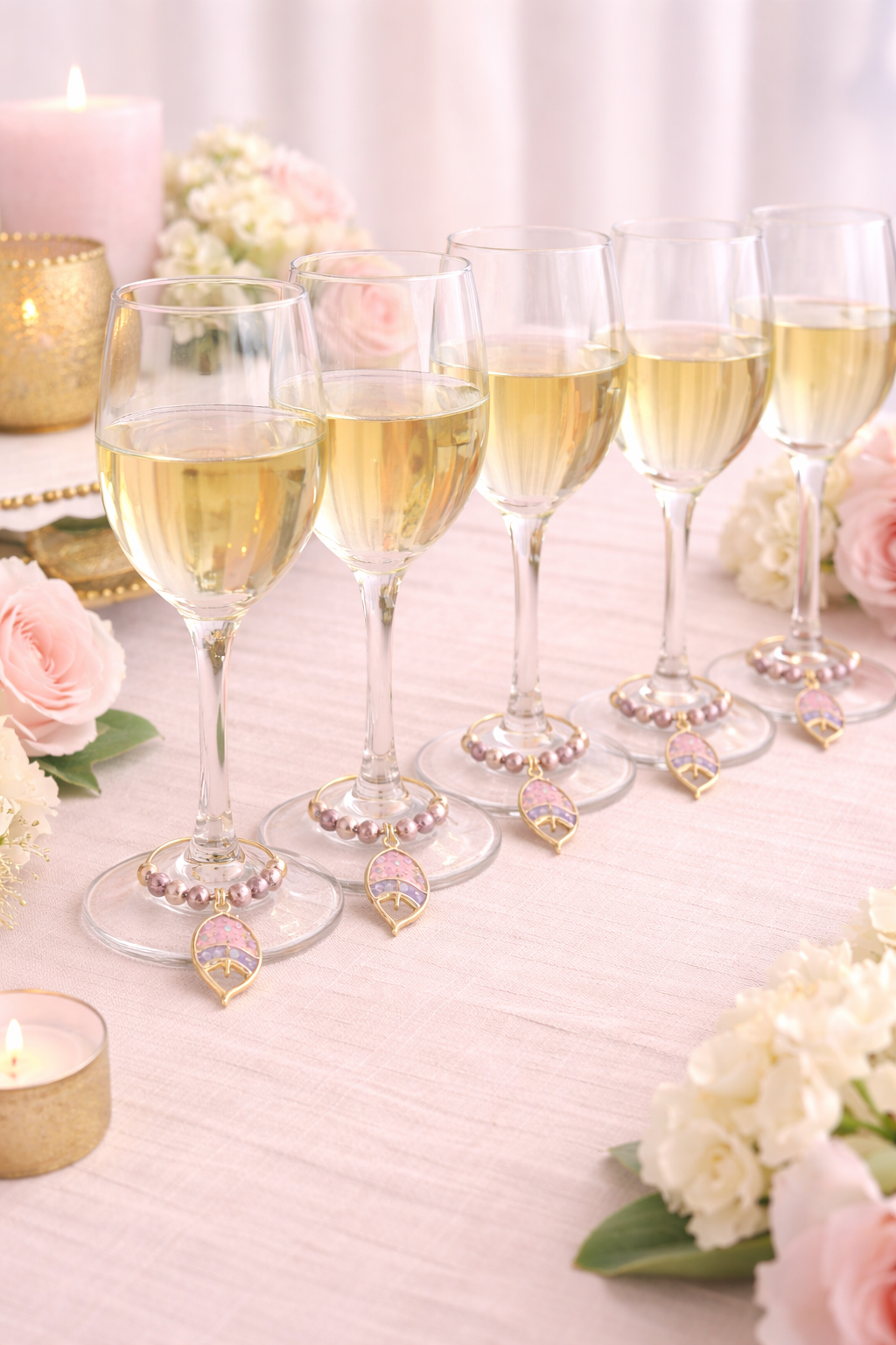pink and mauve fish shaped wine glass charms on tall wine glasses/flutes with pearly beads. Set of 6